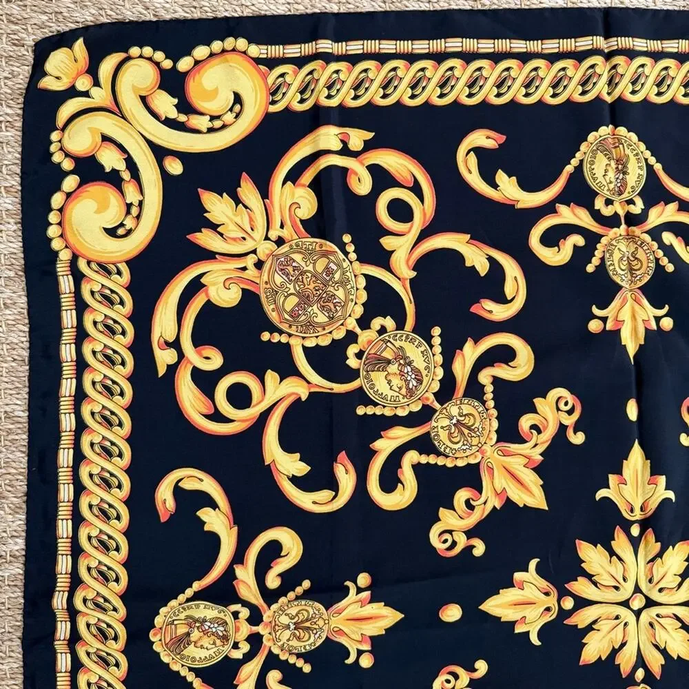 Escada Baroque Gold Black Silk Scarf 34”x35”